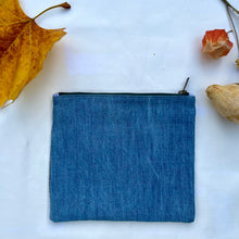 Load image into Gallery viewer, Vintage grain sack fabric and blue denim pouch. 2-fabric pouch with YKK zip. Zippered purse. Zippered pouch.
