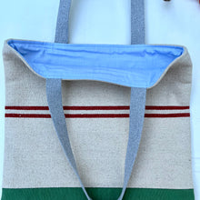 Load image into Gallery viewer, Tote bag. Heavyweight natural woven canvas with two horizontal dark red stripes. Green cotton canvas.
