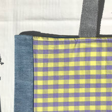 Load image into Gallery viewer, Pale mauve and yellow gingham handbag with light blue denim
