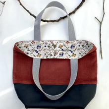 Load image into Gallery viewer, Handbag. Bag. Rust corduroy and navy blue leather bag.
