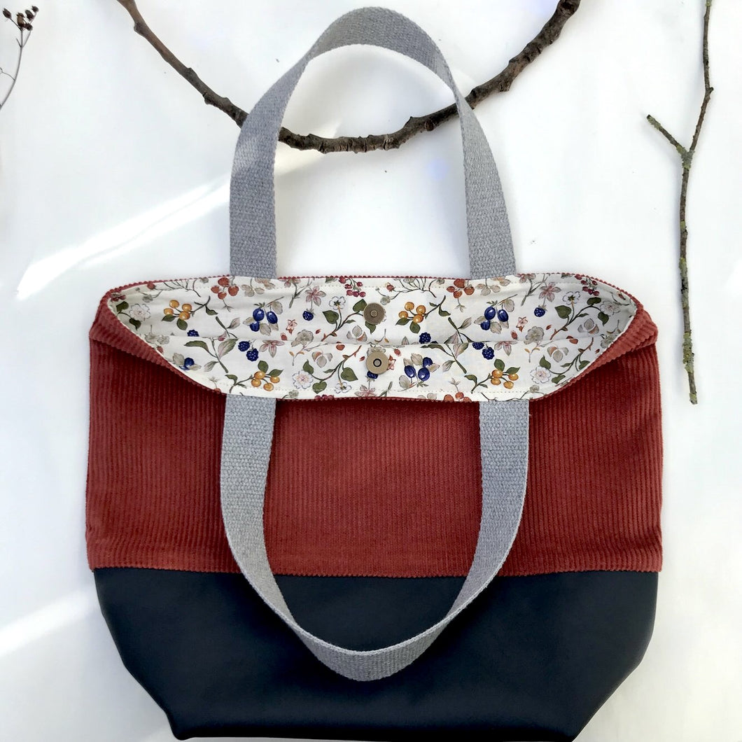 Handbag. Bag. Rust corduroy and navy blue leather bag.