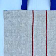 Load image into Gallery viewer, Tote bag. Vintage grain sack tote bag. Handwoven. Vertical red stripes (linen). Dark blue denim.
