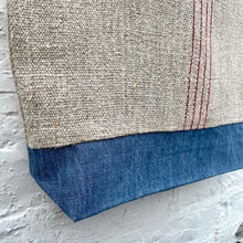 Load image into Gallery viewer, Tote bag. Vintage grain sack tote bag with leather straps. Vertical deep red stripes.
