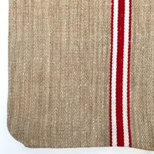 Load image into Gallery viewer, Tote bag. Vintage grain sack tote bag with brown leather straps. Handwoven. Vertical red and leather white stripes.
