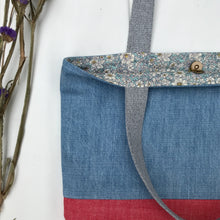 Load image into Gallery viewer, Handbag. Light blue denim and red denim handbag.
