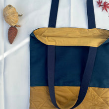 Load image into Gallery viewer, Tote bag. Vintage Japanese kimono fabric with a golden yellow woven quilt bottom.
