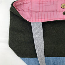 Load image into Gallery viewer, xs Handbag. Bag. Ex designer olive green wool and light blue denim handbag.
