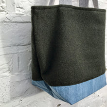 Load image into Gallery viewer, xs Handbag. Bag. Ex designer olive green wool and light blue denim handbag.
