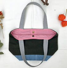 Load image into Gallery viewer, xs Handbag. Bag. Ex designer olive green wool and light blue denim handbag.
